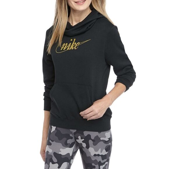 New! NIKE Glitter Logo Fleece Hoodie Sweatshirt Sweater Size XS Color Black Gold - Picture 5 of 7